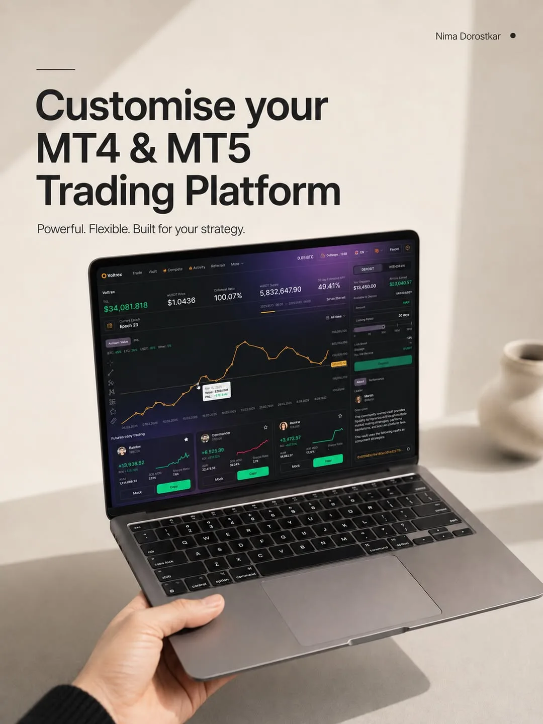MT4 and MT5 trading platform by Nima Dorostkar Customisable MT4 and MT5 trading platform built by Nima Dorostkar, shown on a laptop with a portfolio chart and copy-trading strategies
